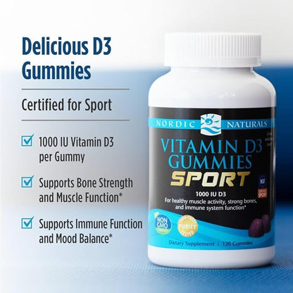 Nordic Naturals Vitamin D3 Gummies Sport, Wild Berry - 120 Gummies - 1000 IU Vitamin D3 - NSF Certified - Healthy Bones, Mood & Immune System Function - Non-GMO - 120 Servings