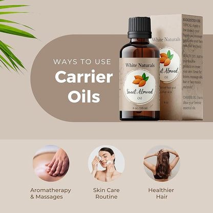 White Naturals Sweet Almond Oil for Hair and Skin, 100% Pure and Natural Cold Pressed, Hexane Free, Skin Moisturizer, Nails, Massage, Carrier Oil