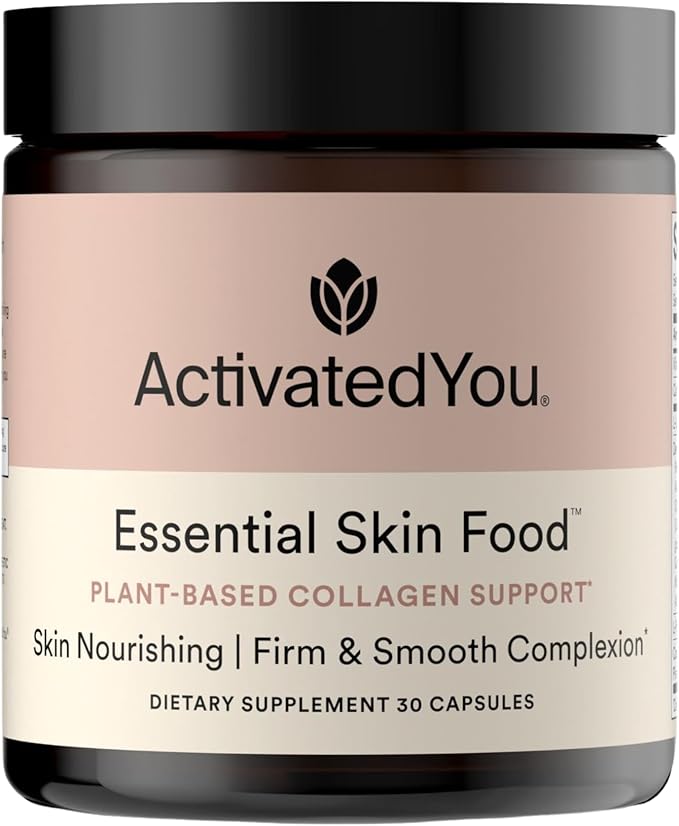 ACTIVATEDYOU Essential Skin Food, Advanced Skincare Collagen Elastin Support Supplement for Aging Skin, Helps Improve Appearance of Face Texture, Sagging w/Dermaval, Vitamin C, Lysine (30 Capsules)