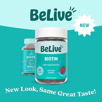 BeLive Biotin Gummies - Skin, Nails & Hair Vitamins with A, C, D, E, B12, Zinc, Folate & Inositol, Biotin Supplement for Anti-Aging, Energy & Collagen Boost, Multivitamin Gummies - Strawberry | 5-Pack