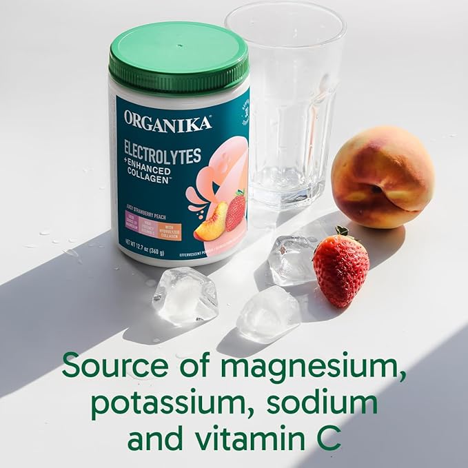 Organikа Electrolytes with Enhanced Collagen Powder for Women & Men - 13 oz - Strawberry Peach-Flavored Effervescent Electrolyte & Collagen Drink Mix - Deep Hydration, Mobility, Skin, Hair, & Nails