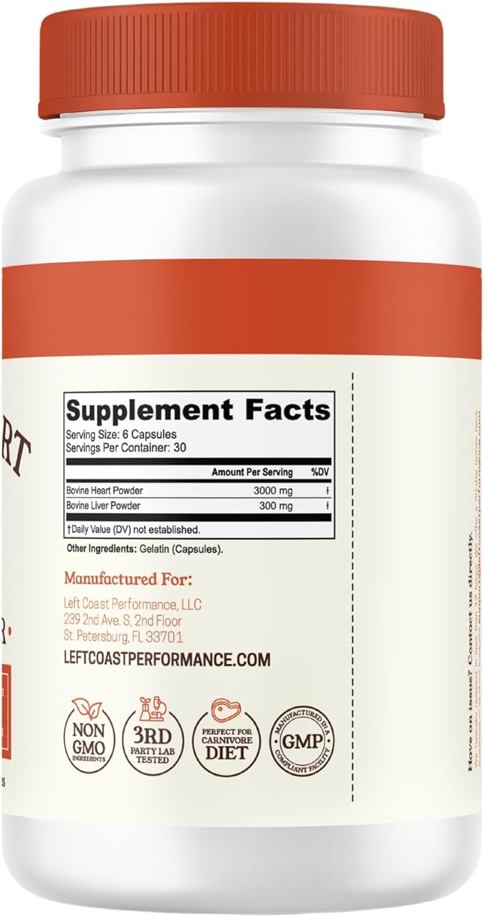Left Coast Performance Grass Fed Beef Heart and Liver Supplement – Pasture-Raised in New Zealand, No Fillers or Flow Agents – Natural CoQ10 & Iron Support - Beef Organ Supplement – 180 Capsules
