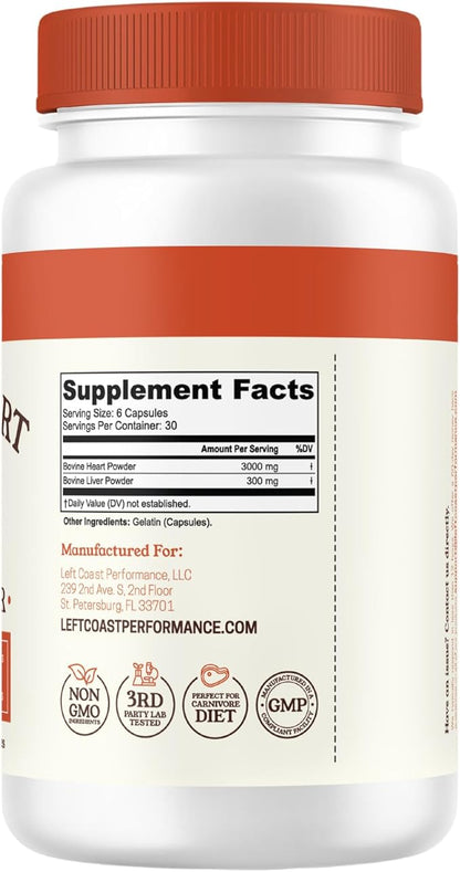 Left Coast Performance Grass Fed Beef Heart and Liver Supplement – Pasture-Raised in New Zealand, No Fillers or Flow Agents – Natural CoQ10 & Iron Support - Beef Organ Supplement – 180 Capsules