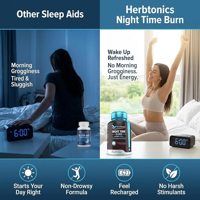 Herbtonics Night Time Burn & Sleep Complex Supports Overnight Metabolism, Stress Relief & Deep Sleep. Includes Melatonin, Valerian and Green Tea – Vegan Bedtime Weight Management (60 Capsules)