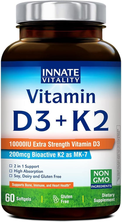 Innate Vitality Vitamin D3 K2 Supplement, High Potency Vitamin D3 10000 IU & Vitamin K2 (MK-7) 200 mcg, Supports Bone, Teeth, Heart & Immune Health, Non-GMO, Gluten Free, 60 Softgels