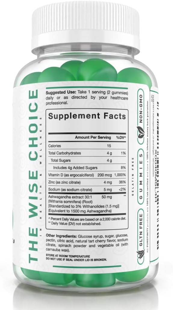 PUREFINITY Ashwagandha Gummies with Vitamin D & Zinc – Supplement for Relaxation, Calming, and Mood Support – Gluten Free, Non-GMO, Vegan, 60 Count