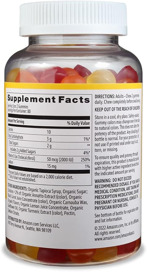 Amazon Basics Vitamin D3 2000 IU Gummies, Orange, Lemon & Strawberry, 160 Count (2 per Serving) (Previously Solimo) (Pack of 2)