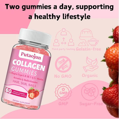 Collagen Gummies | Hair, Skin & Nails Gummies with Biotin Vitamin C, E, & Zinc | Strawberry Flavored | Collagen for Women | Strawberry Flavored | 60 Count