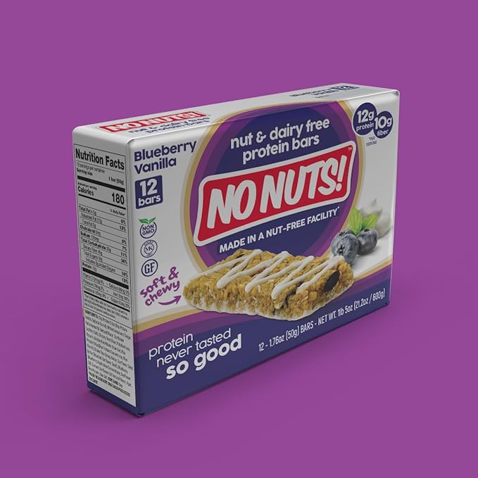 No Nuts! Blueberry & Vanilla Protein Bars – Nut-Free & School-Safe | 12g Plant Protein, Vegan, Gluten-Free, Non-GMO, Organic, Kosher | 12 Count