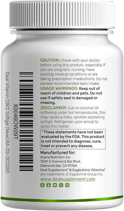 DEAL SUPPLEMENT Vitamin D3 5,000 IU + K2 MK7 100mcg Softgels | 2-in-1 Complex with Virgin Coconut Oil | Supports Heart, Bone, Teeth & Immune Health | Easy to Swallow