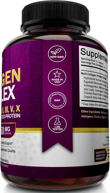 NutriFlair Multi Collagen Peptides 2250mg - Type I, II, III, V, X - Collagen Supplements Complex Powder Pills for Women and Men - Hydrolyzed Protein, Healthy Hair, Skin, Nails - Non-GMO (180 Capsules)