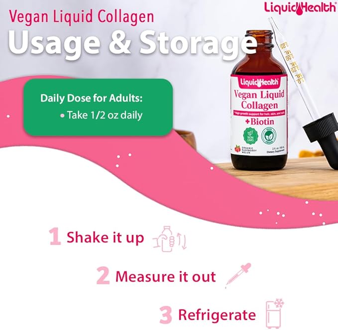 LIQUIDHEALTH 100% Vegan Collagen Plus Biotin 100,000mcg Liquid Drops - Plant-Based Liquid Collagen for Women & Men - Hair & Nail Growth, Skin Health, Boosts Metabolism - Made in USA, Non-GMO (2 oz)