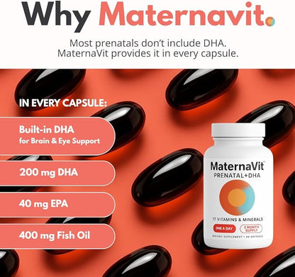 MaternaVit 1 a day Prenatal vitamins for women 2 month: Folic acid, Fish Oil Omega 3 DHA/EPA, Vitamin D3, B6, Vitmain B12, C, E, Calcium, Iron, Magnesium, Zinc supplement FSA eligble multivitamin