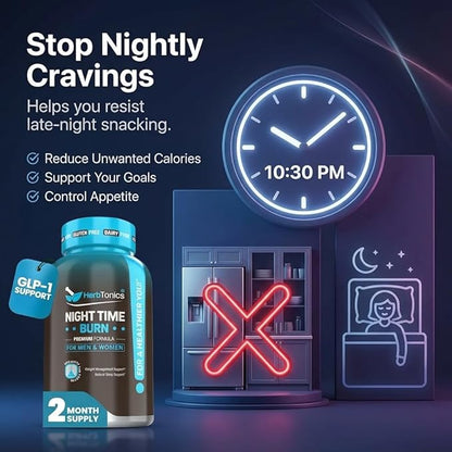 Herbtonics Night Time Burn & Sleep Complex Supports Overnight Metabolism, Stress Relief & Deep Sleep. Includes Melatonin, Valerian and Green Tea – Vegan Bedtime Weight Management (60 Capsules)