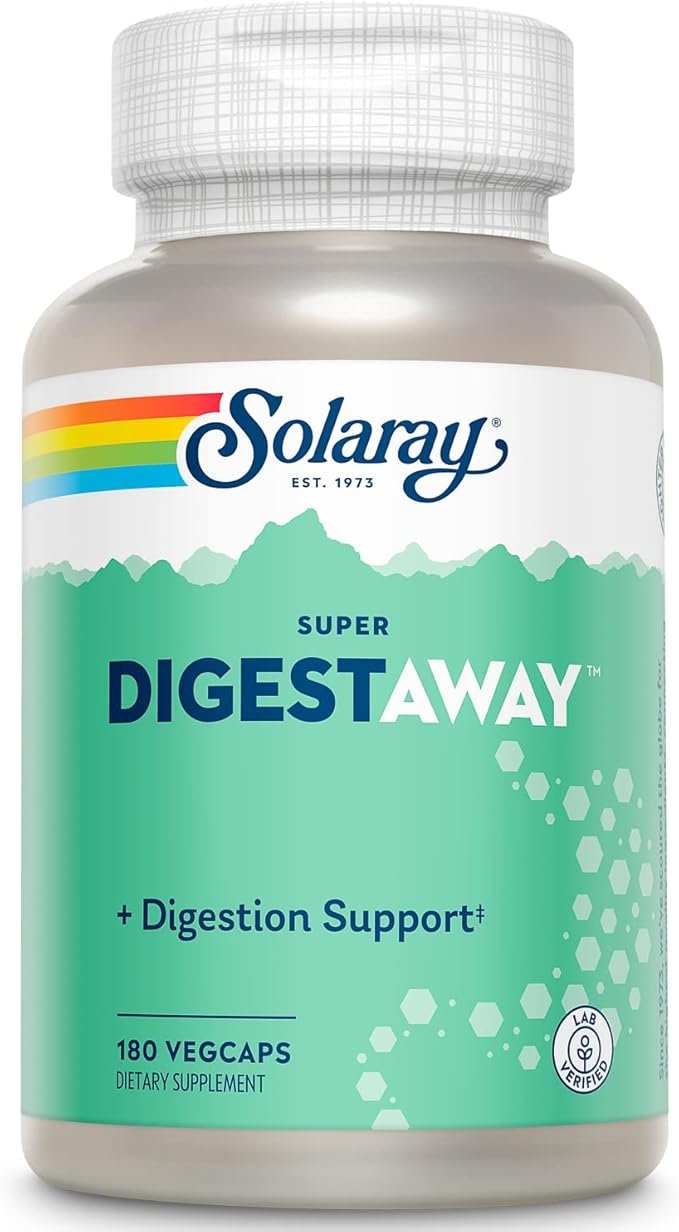 SOLARAY Super Digestaway Digestive Enzymes - Pancreatin, Papain, Ginger, Pepsin, Betaine HCl, Aloe Vera, and More - Digestion & Nutrient Absorption Support - Lab Verified - 180 VegCaps