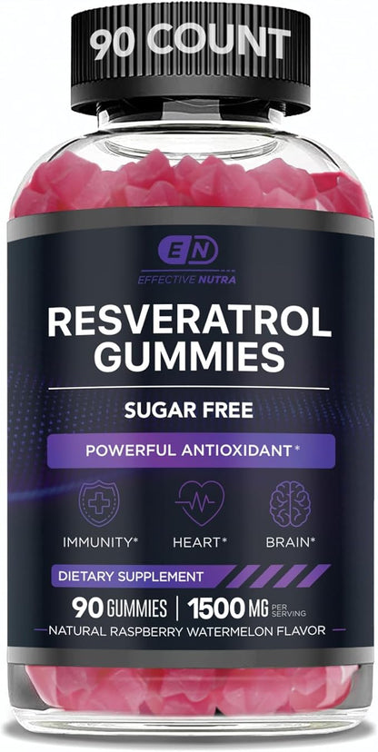 Effective Nutra Resveratrol Gummies 1500mg – Sugar Free Antioxidant Supplement for Heart Health, Immunity & Brain Support – Vegan, Non-GMO, 3rd Party Tested, Raspberry Watermelon, 90 Count