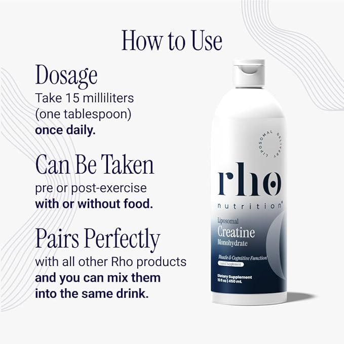 Rho Nutrition Liposomal Creatine Monohydrate - Ultra High Absorption Liquid Creatine Supplement – Promotes Lean Muscle Mass & Recovery, Supports Brain Function & Enhances Cellular Energy Production