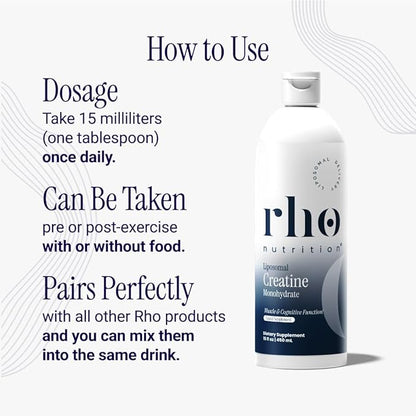 Rho Nutrition Liposomal Creatine Monohydrate - Ultra High Absorption Liquid Creatine Supplement – Promotes Lean Muscle Mass & Recovery, Supports Brain Function & Enhances Cellular Energy Production