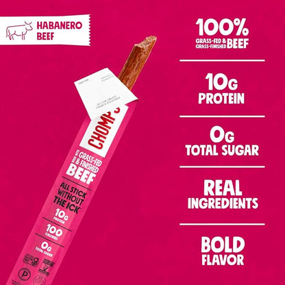 Chomps Grass-Fed and Finished Spicy Habanero Beef Jerky Snack Sticks 24-Pack - Keto, Paleo, Whole30, 10g Lean Meat Protein, Gluten-Free, Zero Sugar Food, Non-GMO