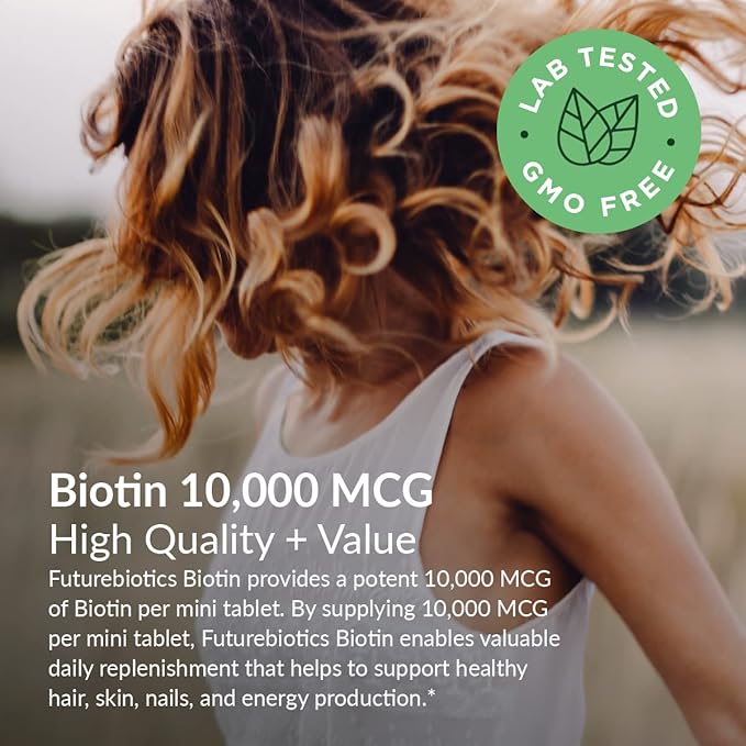 Futurebiotics Biotin 10,000 MCG High Potency Tablets Supports Healthy Hair, Skin & Nails & Energy Production, Non-GMO, 180 Vegetarian Tablets