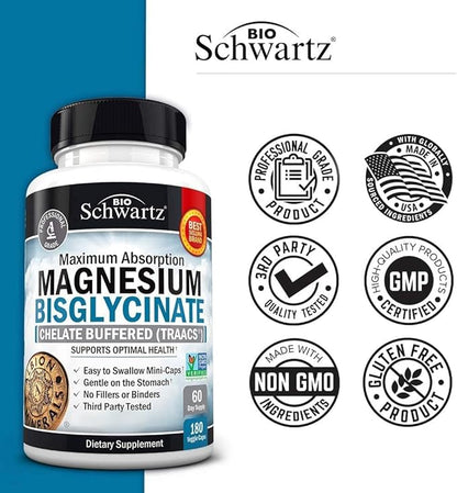 Magnesium Bisglycinate Chelated Supplement - High Absorption Magnesium Glycinate Supplement for Women and Men - Sleep, Muscle, Bone & Joint Support - Non-GMO, Non-Laxative Chelate - 180 Capsules