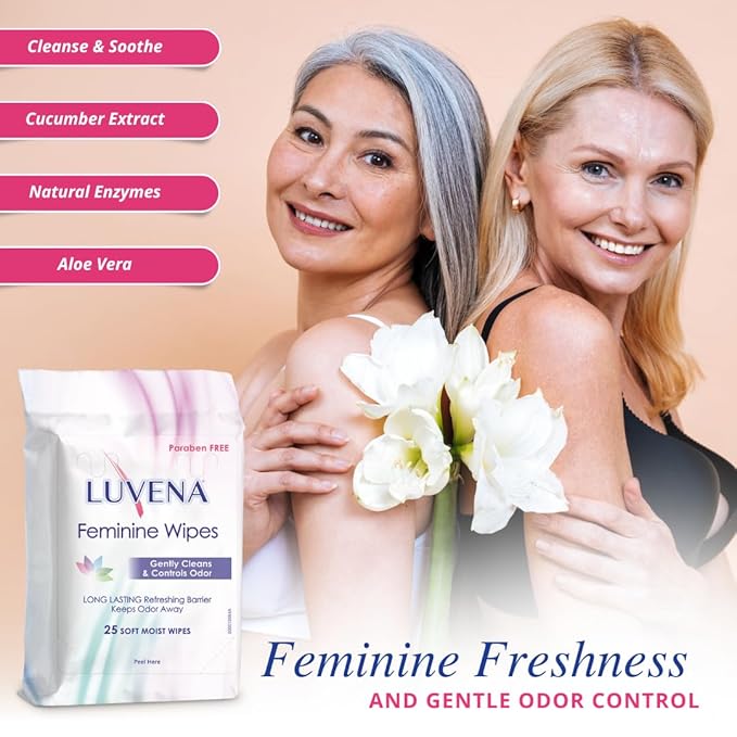 Luvena Feminine Wipes - Soft Wet Wipes for Women - Refresh & Resist Odor - Gynecologist Tested - Travel Friendly Cleansing Cloths - Cucumber Scented (25 Count, 3 Pack)