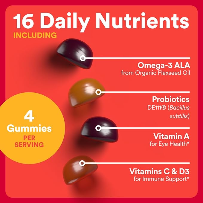 SmartyPants Organic Kids Multivitamin Gummies: Probiotics, Omega 3 (ALA), Vitamin D3, C, Vitamin B12, B6, A, K & Zinc for Immune Support, Biotin, Three Fruit Flavors, 120 Count (30 Day Supply)