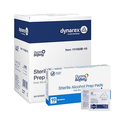 Dynarex DynaSafety Sterile Alcohol Prep Pads - Medium - 70% Isopropyl Alcohol, Individually Wrapped, Soft Cleaning Wipes - Case of 100 Boxes, 10 per Box