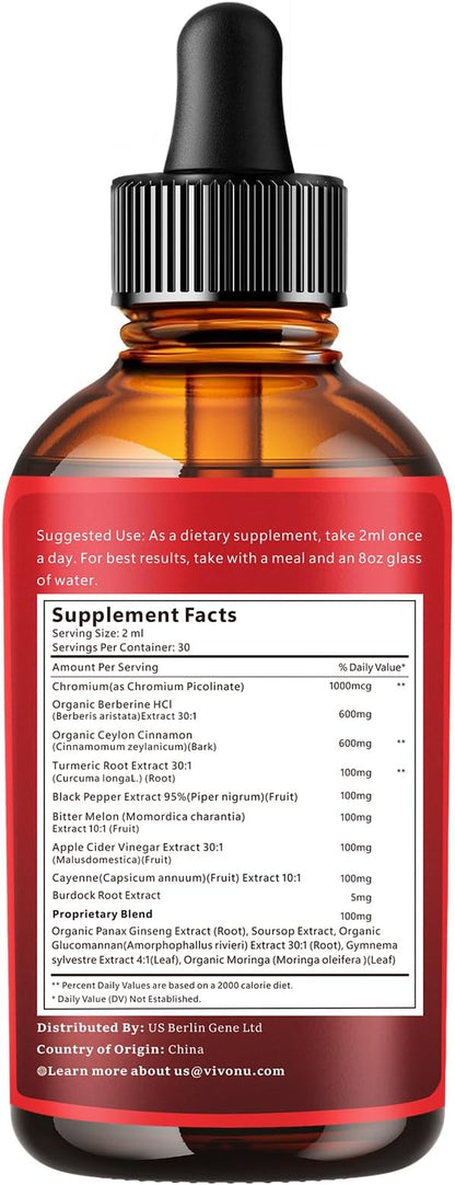 14-in-1 Berberine with Ceylon Cinnamon Supplement Liquid Drops, 1800mg + 30:1 Liposomal Tech with Cayenne Pepper, Soursop, Chromium, Bitter Melon, Turmeric, Moringa, Gymnema, Glucomannan, GLP Support