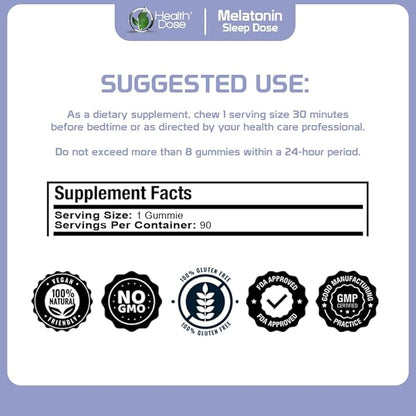Health Dose Melatonin 6 mg Extra Strength Gummies, Pre-Bedtime Supplement for Restful Sleep, for Adults, 90 Gummies, Mixed Berries, Pack of 3
