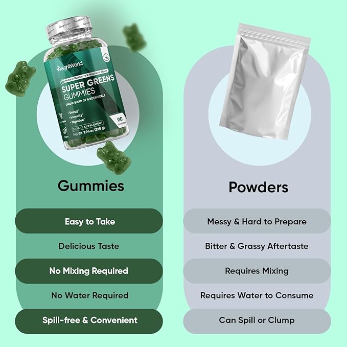 WeightWorld Super Greens Gummies - Energy, Immunity & Digestion - 45-Day Supply - Vegan Daily Greens Supplements (Moringa, Broccoli, Spinach) - Added Vitamins & Minerals - 90 Superfood Gummies