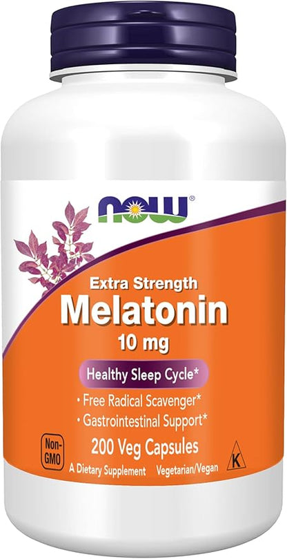 NOW Foods Supplements, Melatonin, Extra Strength 10 mg, Free Radical Scavenger*, Healthy Sleep Cycle*, 200 Veg Capsules
