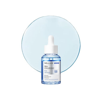 WELLAGE Real Hyaluronic Blue Ampoule 100, Korean Skincare, Fragrance Free Hyaluronic Acid Serum with Panthenol, Wild yam, Centella for Sensitive Dry Skin Moisturizer 1.01 fl.oz