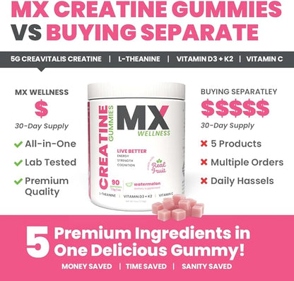 Creatine Monohydrate Gummies for Men & Women – Real Fruit Gummy Supplement for Muscle Growth, Recovery, Longevity, Cognitive Health & Memory – 90 Chews (90 Gummies, Watermelon)