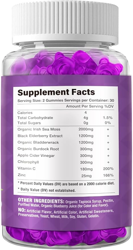 Sea Moss & Elderberry Gummies, Blueberry Flavored Gummy, Vitamins Sea Moss Supplements with Vitamin C + Zinc and Apple Cider Vinegar, Good Texture, Vegan-Friendly, 120 Count(Pack of 2)