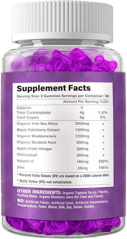 Sea Moss & Elderberry Gummies, Blueberry Flavored Gummy, Vitamins Sea Moss Supplements with Vitamin C + Zinc and Apple Cider Vinegar, Good Texture, Vegan-Friendly, 120 Count(Pack of 2)