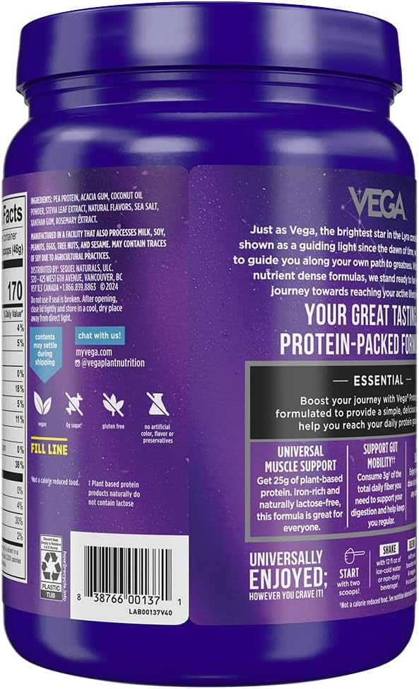 Vega Original Essential Protein - 25g Plant-Based Protein, Creamy Vanila, 10 Servings, Vegan, Non-GMO Drink Mix, Smoothie & Shake Ready, Gluten Free, Dairy Free, 16.2oz (Packaging May Vary)