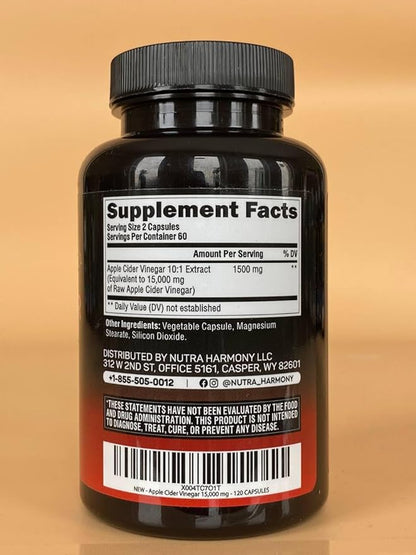 Apple Cider Vinegar Capsules - 15000 mg of Raw Apple Cider Vinegar Equivalent** - 100% Natural Pure ACV - Energy, Metabolism & Weight Loss Support - 3rd Party Lab Tested - 120 Capsules, 60-Day Supply