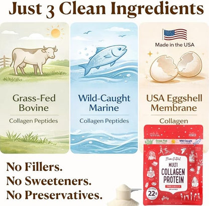 Multi Collagen Protein Powder Type 1, 2, 3, 4, 5, 10 - Unflavored & Hydrolyzed - Pure Collagen Peptides Powder - Grass Fed Beef, Wild Fish Marine & USA Eggshell - 20 Servings