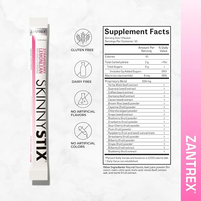 Zantrex SkinnyStix Strawberry Lemonade GLP-1 Support Drink Mix, Energy & Metabolic Support Powder, Appetite Control,15 Single-Serving Packets