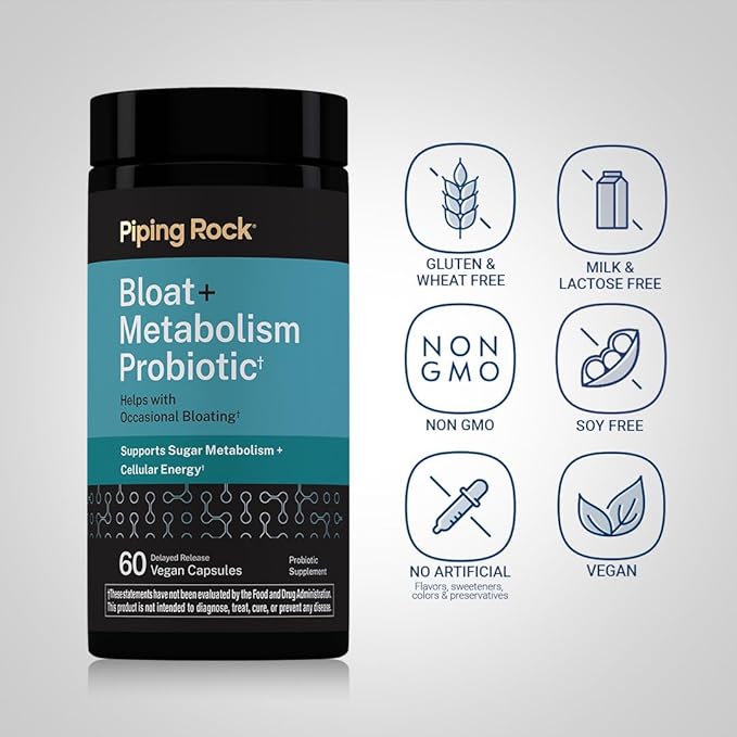 Piping Rock Bloat and Metabolism Probiotic | 90 Capsules | 14 Strain Probiotic Blend | Supports Regularity, Sugar Metabolism, and Cellular Energy for Men and Women | Non-GMO and Gluten Free
