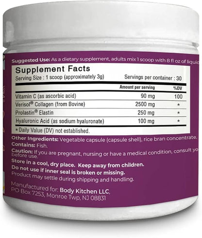 Body Kitchen Collagen + 250 mg Elastin – Supports Skin Hydration, Elasticity & Healthy Aging, Unflavored Powder (30 Servings)