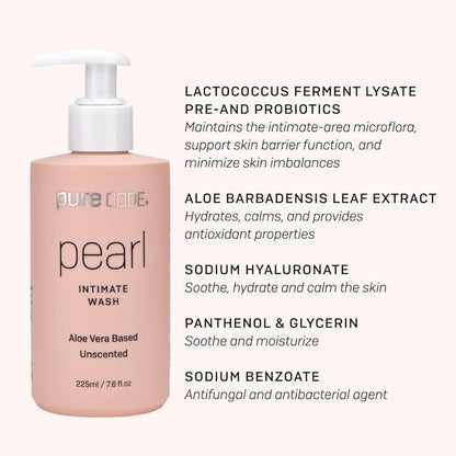 PURE CODE Aloe Vera-Based Pearl Intimate Wash - Gentle & Hydrating Intimate Cleanser for Skin Protection - Unscented Natural Feminine Wash Suitable for All Skin Types - 225ml (Pack of 2)