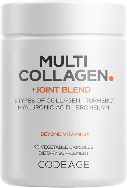 Codeage Multi Collagen Protein + Joint Blend Supplement, Hyaluronic Acid, Bromelain, Turmeric, Ginger, Boswellia, Astaxanthin - Hydrolyzed Bovine Collagen - 5 Collagen Types - Non-GMO - 90 Capsules