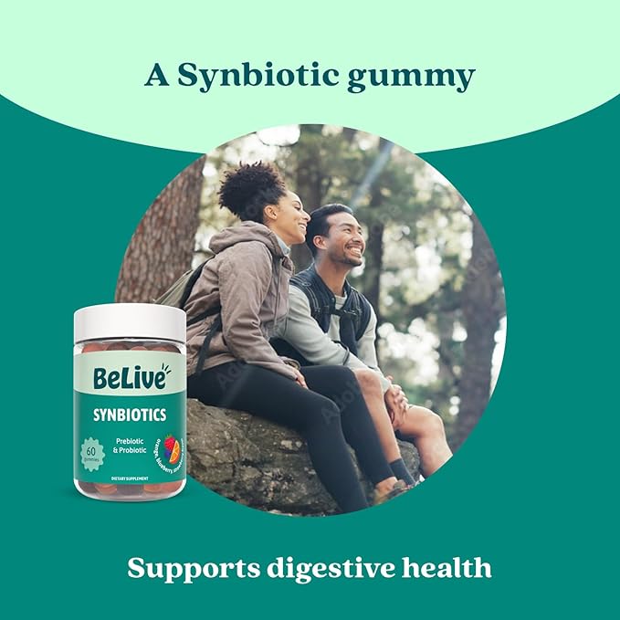 BeLive Synbiotics - Probiotic & Prebiotic Fiber Gummies – High Strength Inulin (3g), Dietary Fiber Supplement, Digestive Support for Kids & Adults - Strawberry, Orange, Blueberry Flavor | 2-Pack