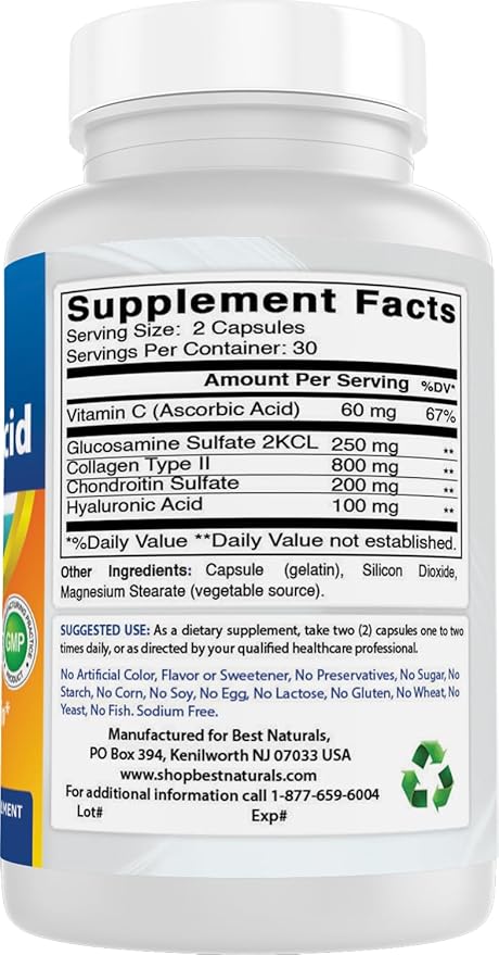 Best Naturals Hyaluronic Acid 100 mg 60 Capsules - Support Healthy Joints and Youthful Skin