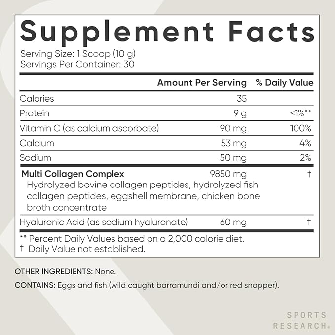 Sports Research® Multi Collagen Protein Powder - Food Sourced Collagen Peptides (Type I, II, III, V, X) with Hyaluronic Acid + Vitamin C - Gluten Free · Non-GMO · 30 Servings (Unflavored)