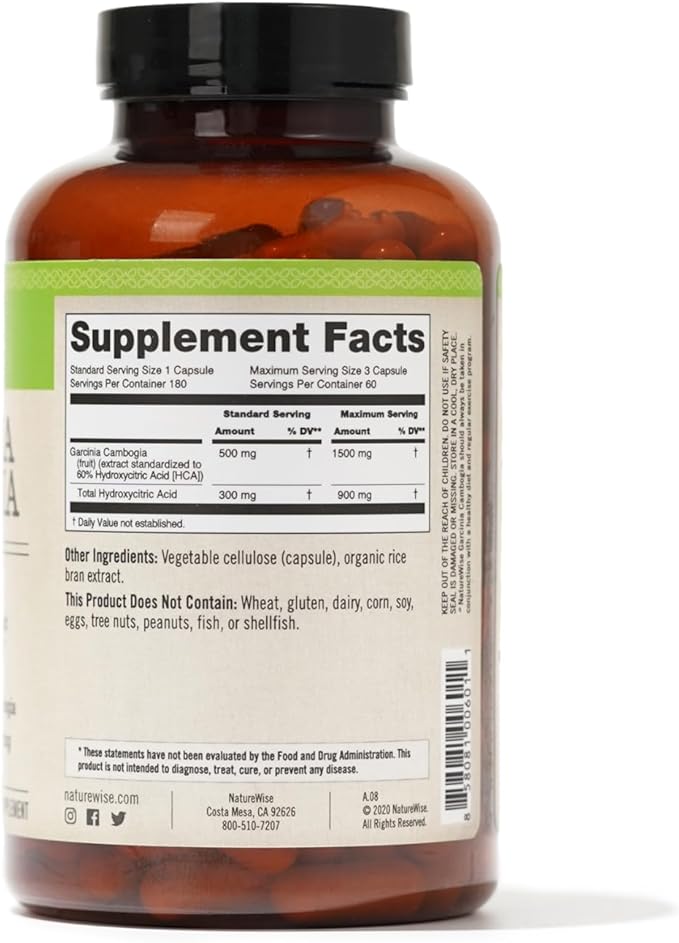 NatureWise Garcinia Cambogia - 60% HCA Concentration Extract,Natural Support for Weight Goals and Energy Levels - Vegan,Non-GMO,Gluten Free - 180 Capsules[2-6 Month Supply],(Pack of 2)