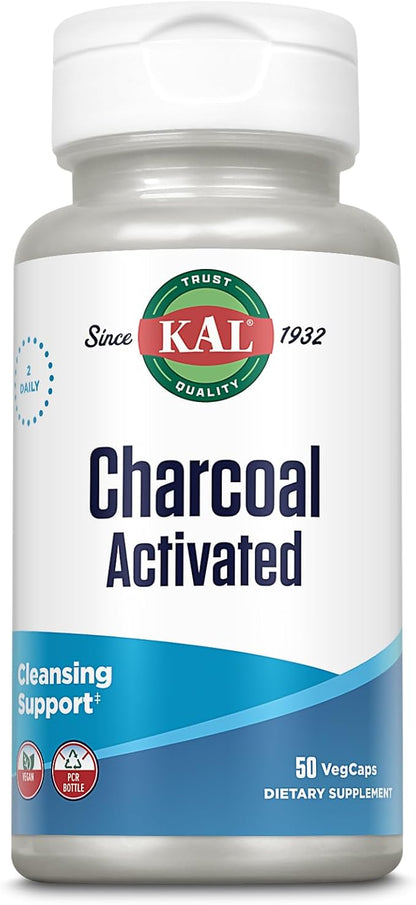 KAL Activated Charcoal Capsules, Cleansing Support, 500 mg Preferred Non-GMO Coconut-Shell Detox Formula, Vegan and Lab Verified, 25 Servings, 50 VegCaps