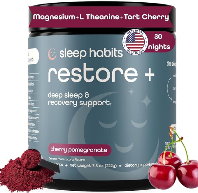 SleepHabits Restore | 30 Nights Magnesium Glycinate Powder Natural Sleep Aid with L-Theanine, Tart Cherry, Beet Root, | Calm Melatonin-Free Deep Sleep Supplement Drink for Recovery & Clear Mornings